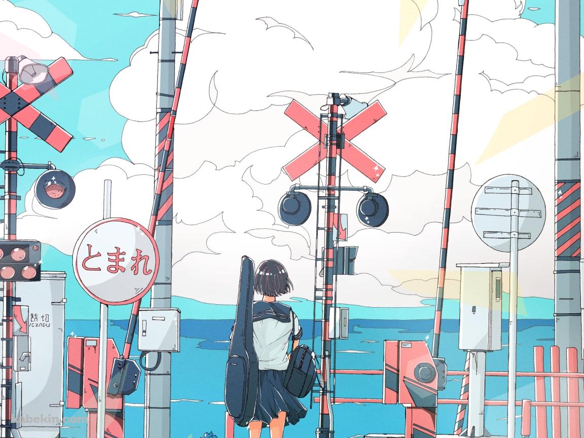 海が見える踏切の前に立つ女子高生 / ギターケース / とまれの標識 / 入道雲の壁紙(1152px x 864px) 高画質 PC・デスクトップ用