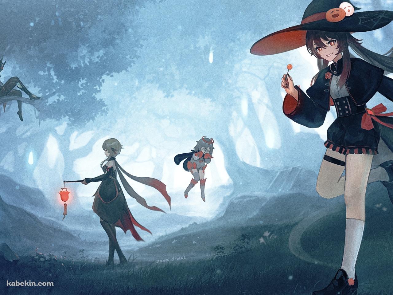 森の中のハロウィンパーティー / 胡桃 / 蛍 / 魈 / パイモン / 原神の壁紙(1280px x 960px) 高画質 PC・デスクトップ用