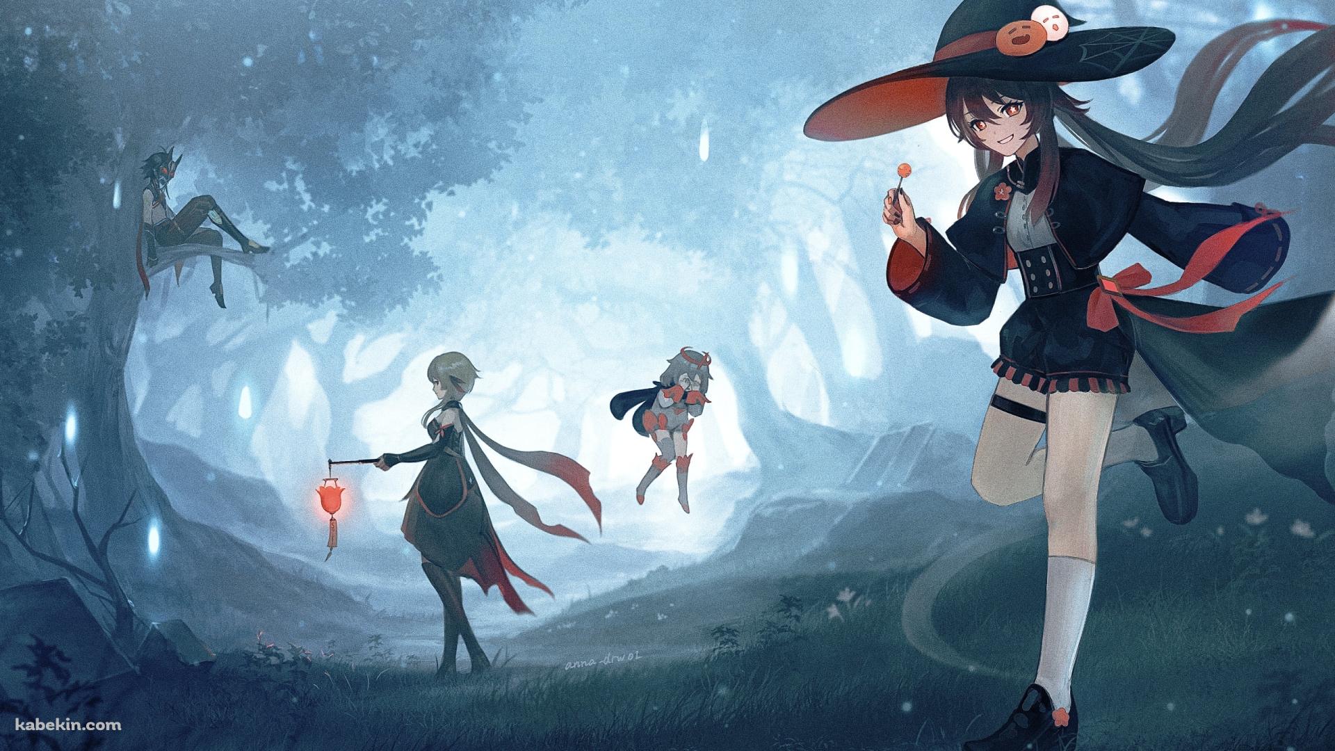 森の中のハロウィンパーティー / 胡桃 / 蛍 / 魈 / パイモン / 原神の壁紙(1920px x 1080px) 高画質 PC・デスクトップ用