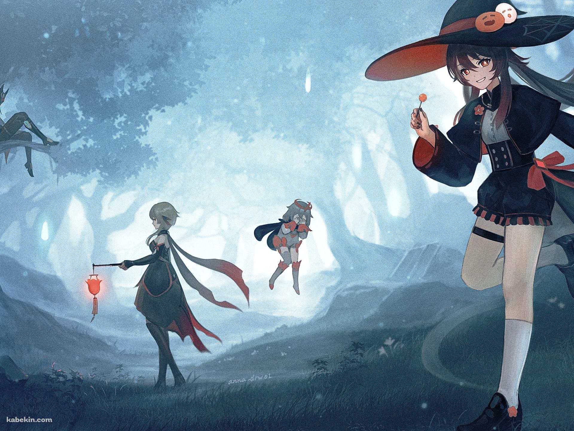 森の中のハロウィンパーティー / 胡桃 / 蛍 / 魈 / パイモン / 原神の壁紙(1920px x 1440px) 高画質 PC・デスクトップ用