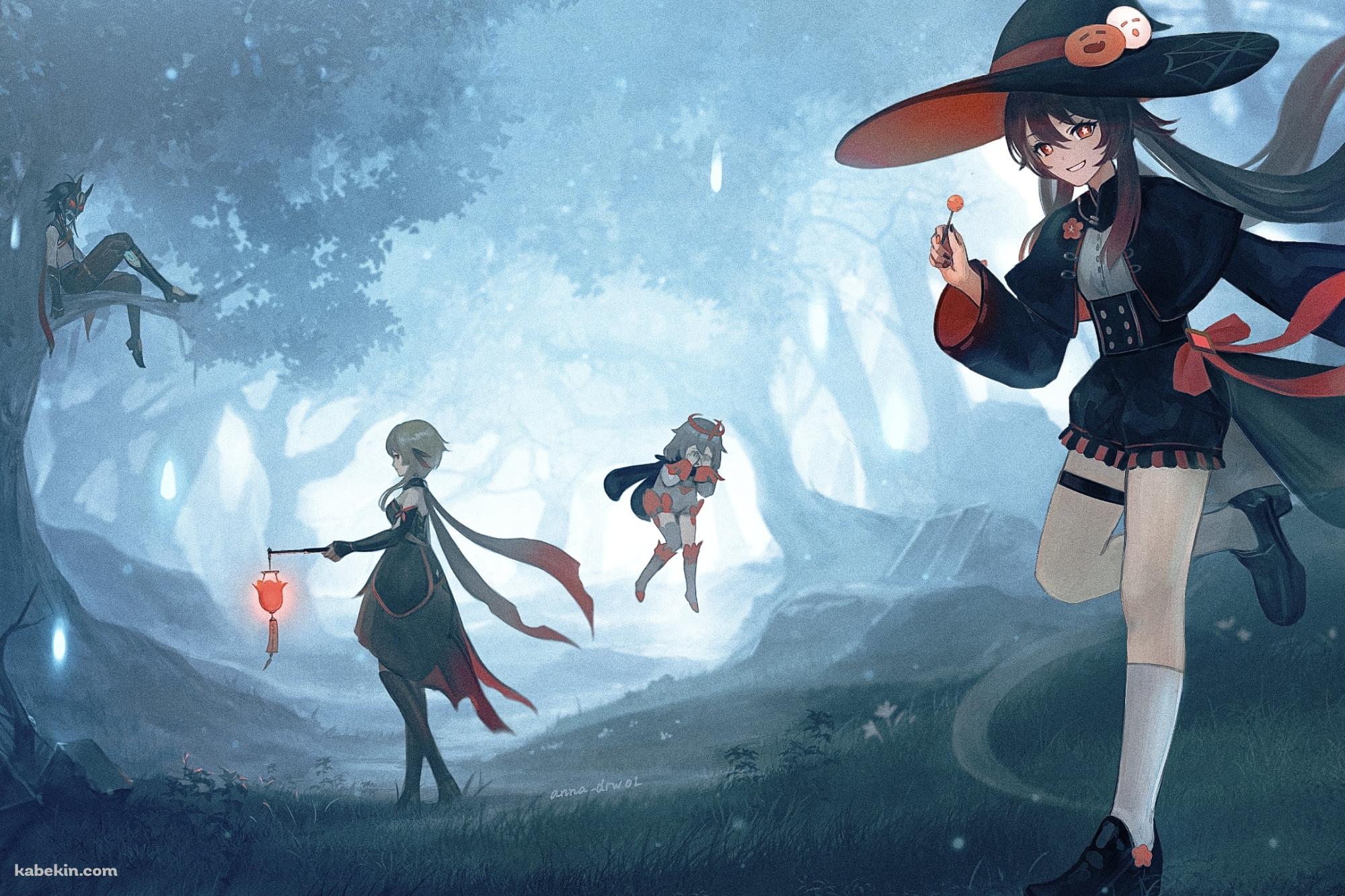 森の中のハロウィンパーティー / 胡桃 / 蛍 / 魈 / パイモン / 原神の壁紙(2000px x 1333px) 高画質 PC・デスクトップ用