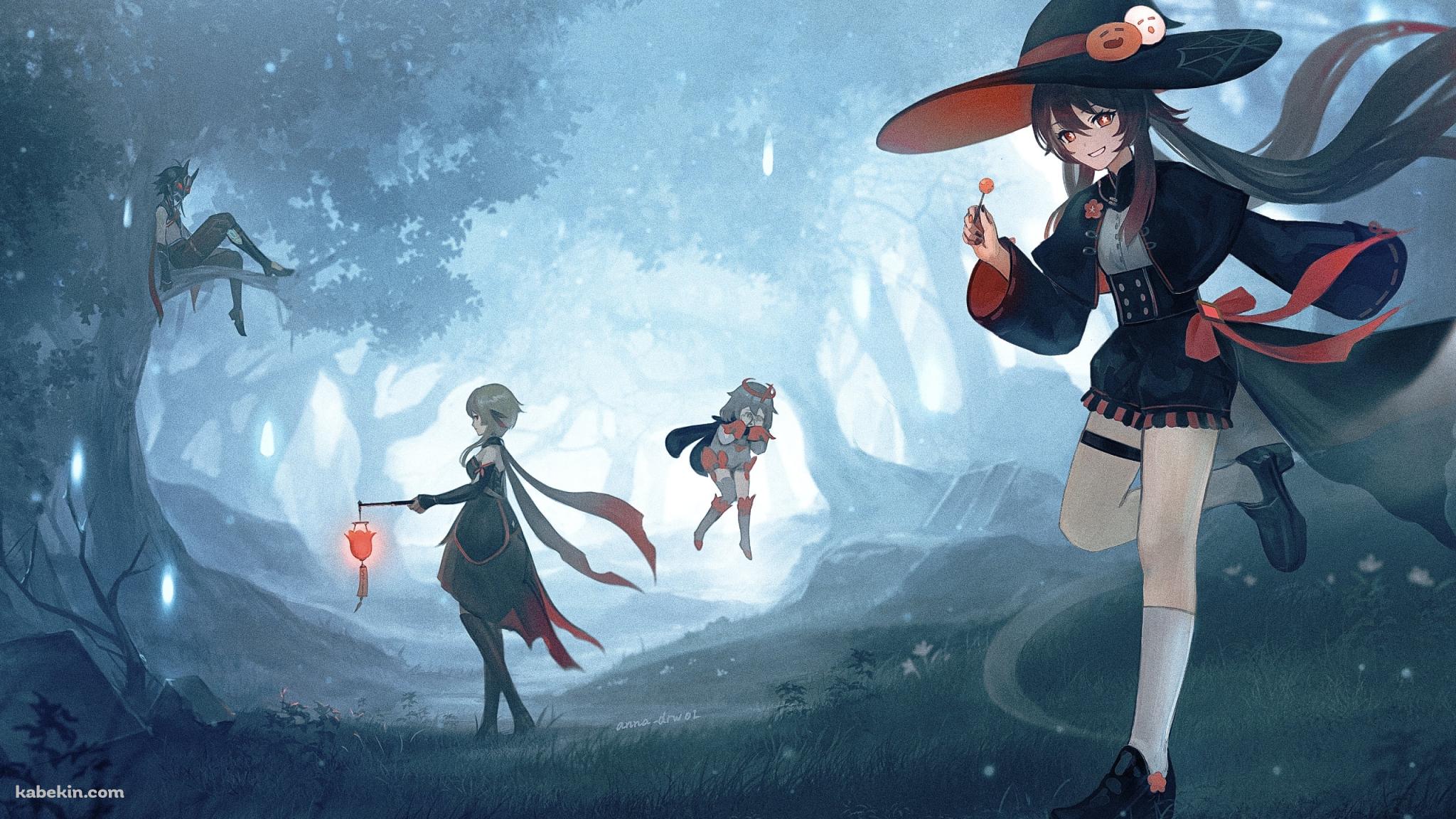 森の中のハロウィンパーティー / 胡桃 / 蛍 / 魈 / パイモン / 原神の壁紙(2048px x 1152px) 高画質 PC・デスクトップ用