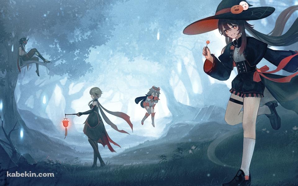 森の中のハロウィンパーティー / 胡桃 / 蛍 / 魈 / パイモン / 原神の壁紙(960px x 600px) 高画質 PC・デスクトップ用