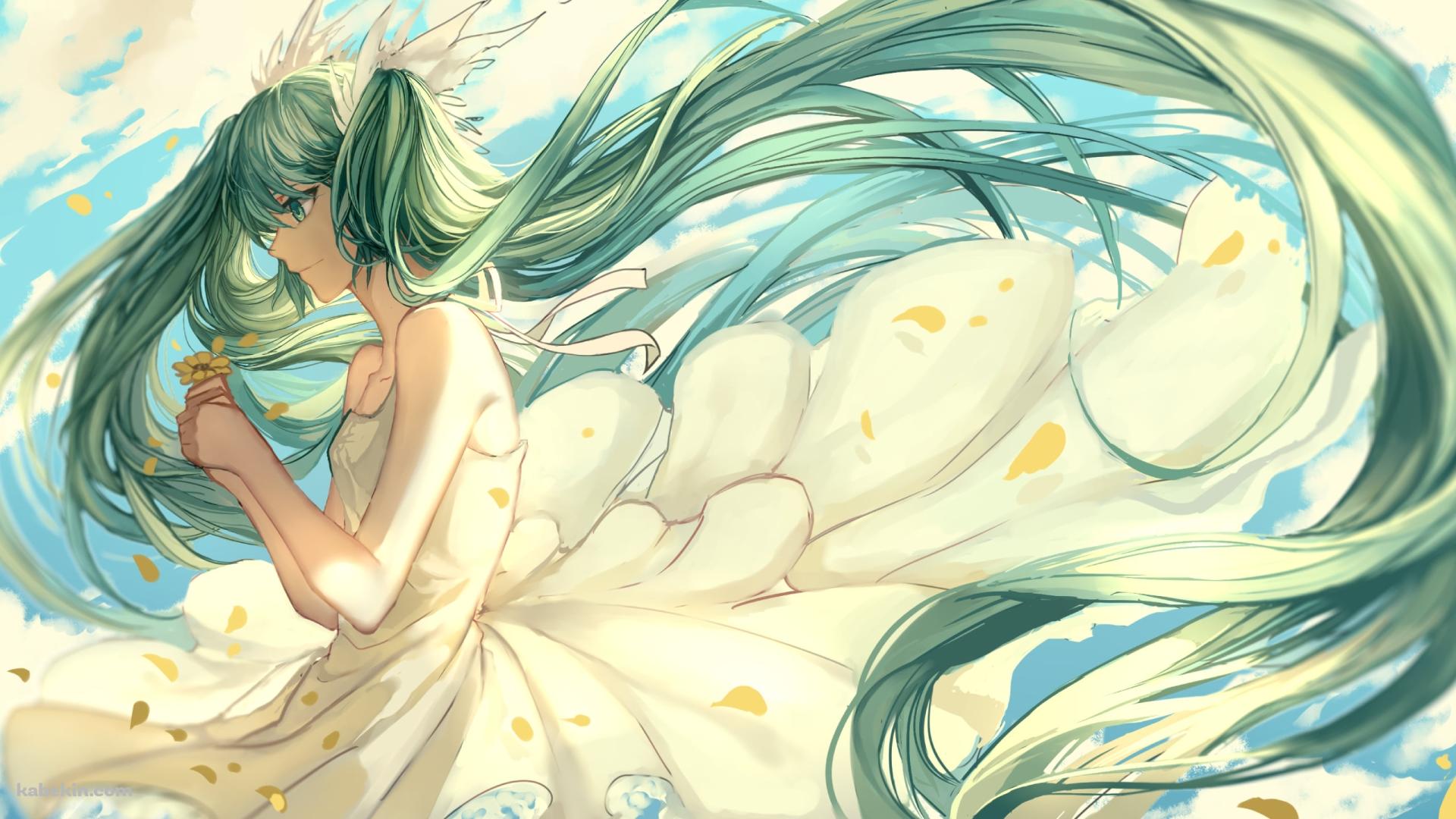 青空の下、黄色い花を持つ初音ミク / ボカロ / ボーカロイドの壁紙(1920px x 1080px) 高画質 PC・デスクトップ用