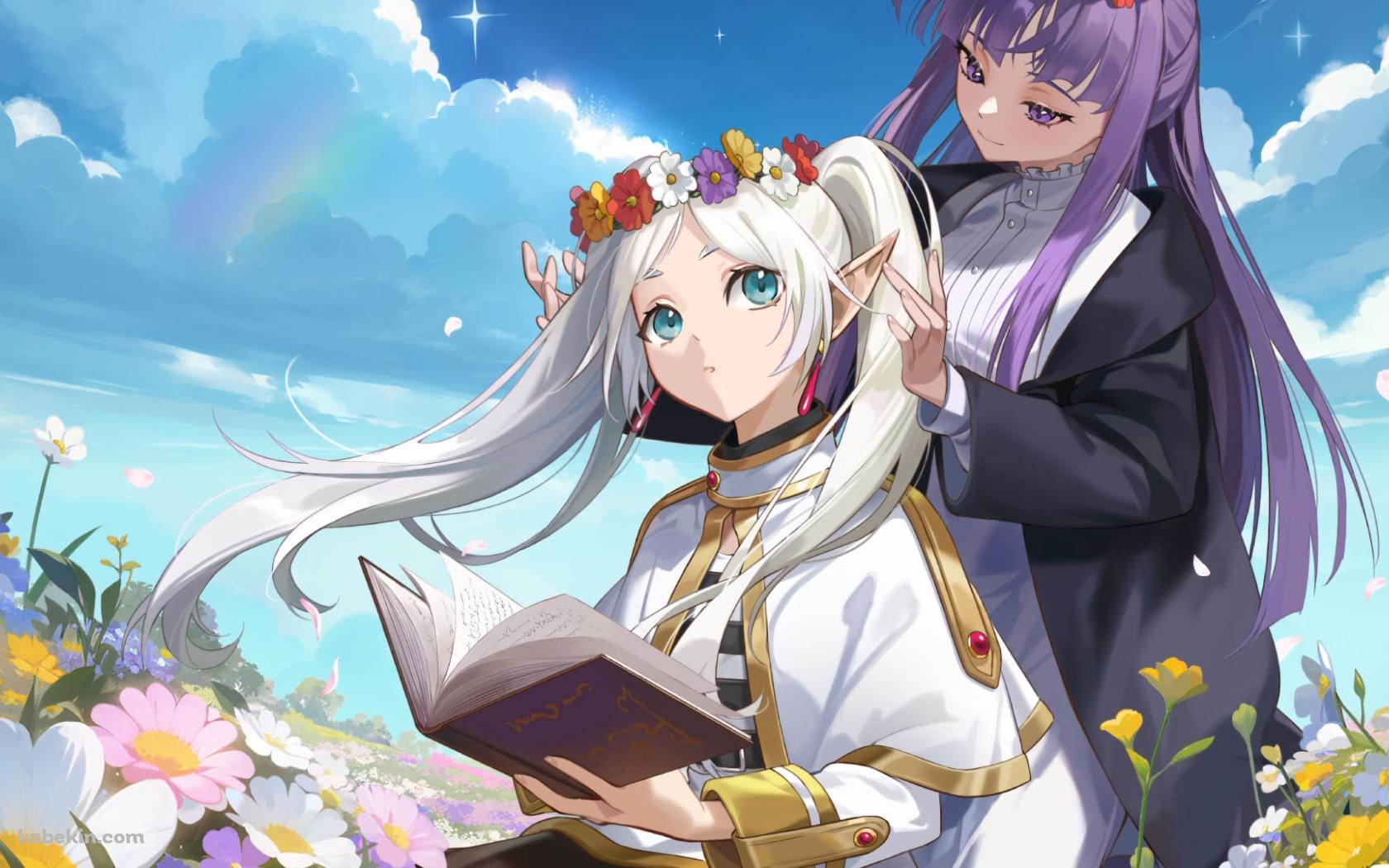 本を読んでいるフリーレンの髪を整えるフェルン / 花畑 / 葬送のフリーレンの壁紙(1680px x 1050px) 高画質 PC・デスクトップ用