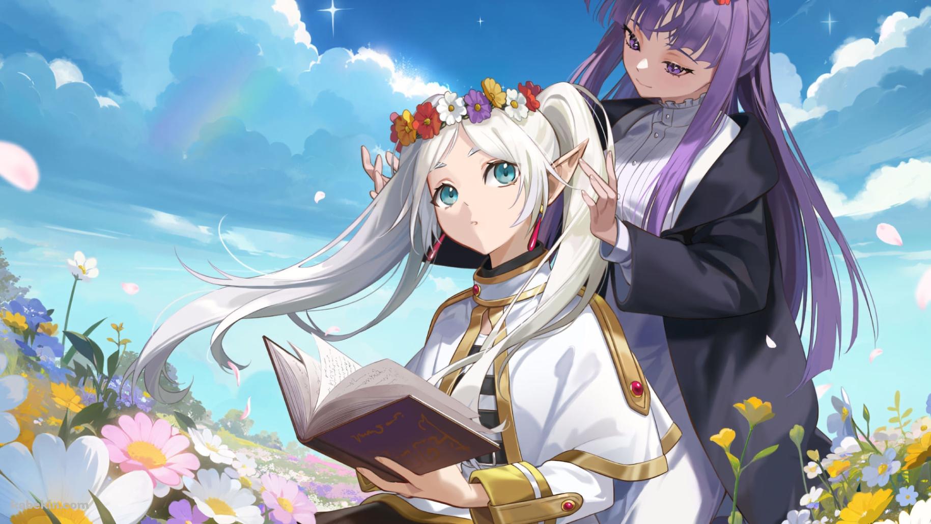 本を読んでいるフリーレンの髪を整えるフェルン / 花畑 / 葬送のフリーレンの壁紙(1829px x 1029px) 高画質 PC・デスクトップ用