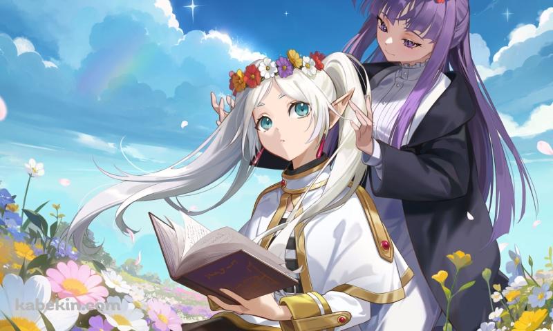 本を読んでいるフリーレンの髪を整えるフェルン / 花畑 / 葬送のフリーレンの壁紙(800px x 480px) 高画質 PC・デスクトップ用