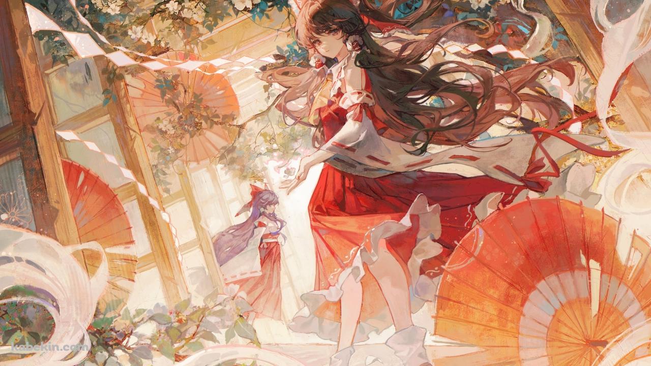 赤い和傘と白い花と博麗霊夢 / 東方 / 旧作霊夢の壁紙(1280px x 720px) 高画質 PC・デスクトップ用