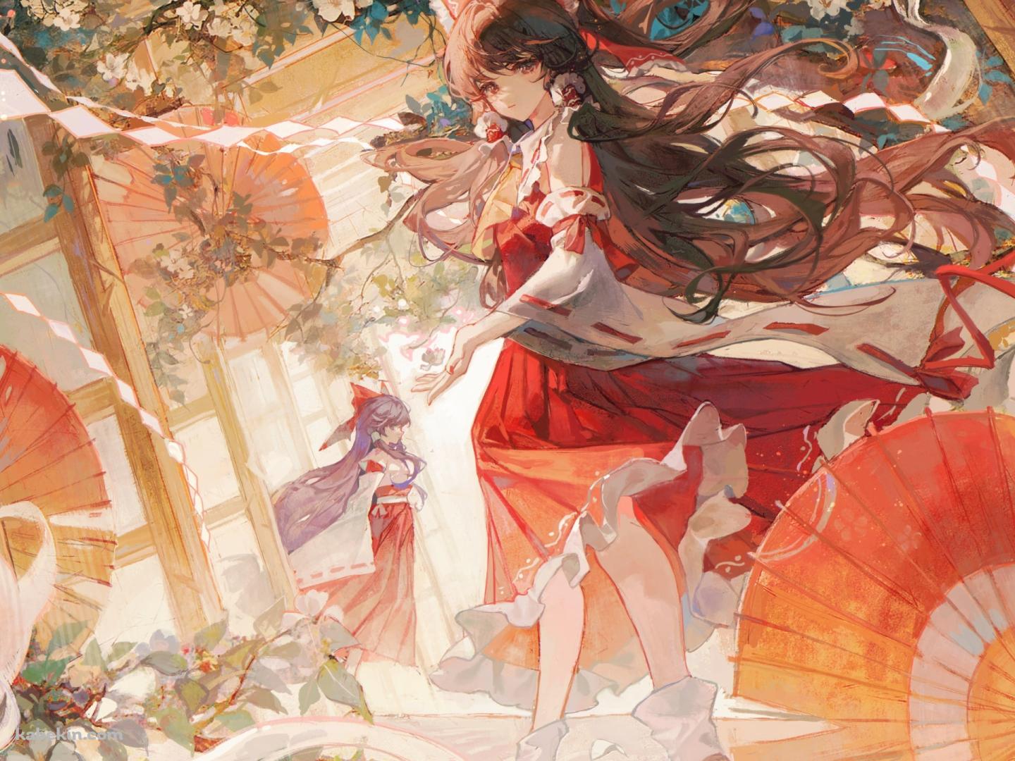 赤い和傘と白い花と博麗霊夢 / 東方 / 旧作霊夢の壁紙(1440px x 1080px) 高画質 PC・デスクトップ用