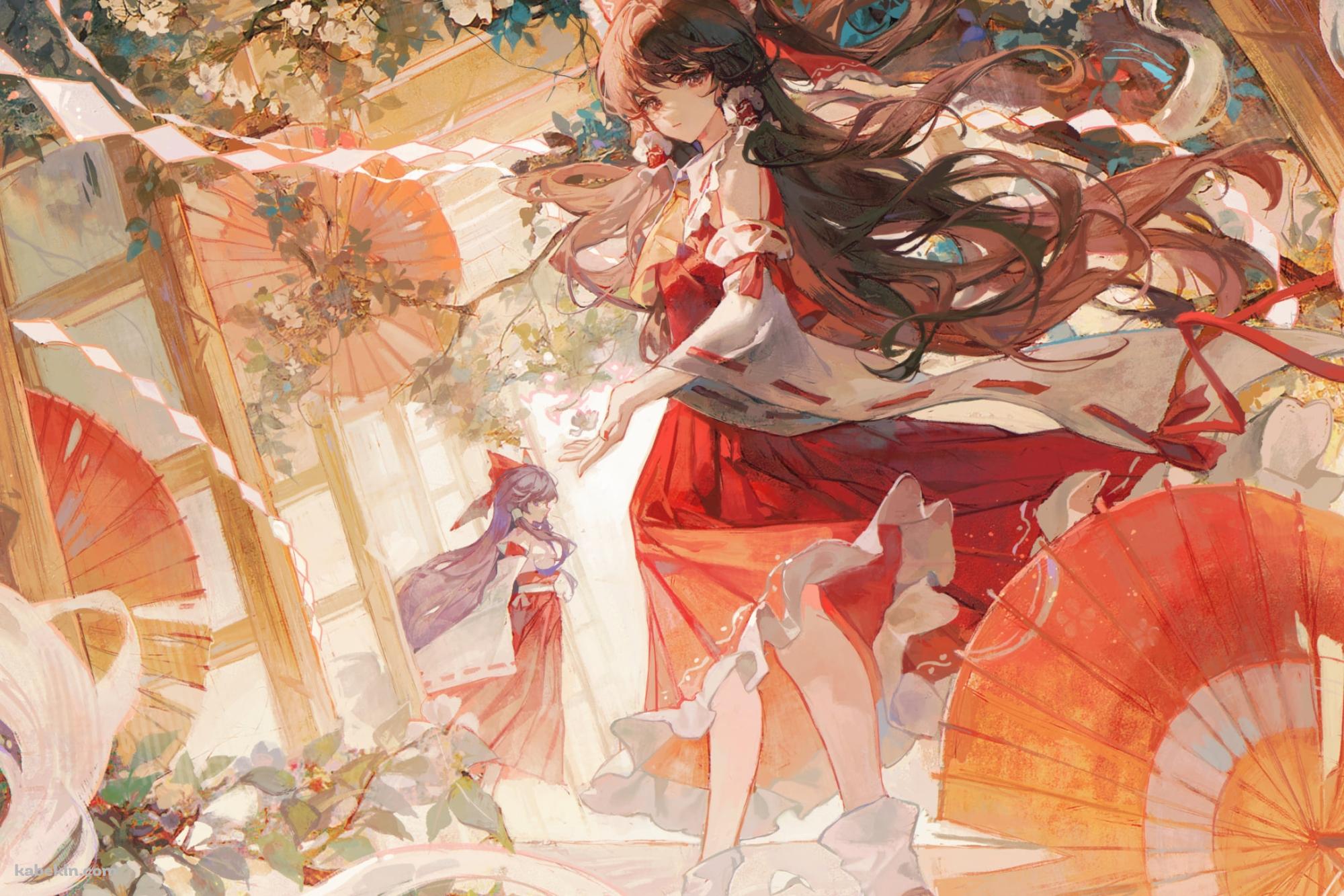 赤い和傘と白い花と博麗霊夢 / 東方 / 旧作霊夢の壁紙(2000px x 1333px) 高画質 PC・デスクトップ用