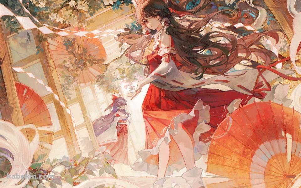 赤い和傘と白い花と博麗霊夢 / 東方 / 旧作霊夢の壁紙(960px x 600px) 高画質 PC・デスクトップ用
