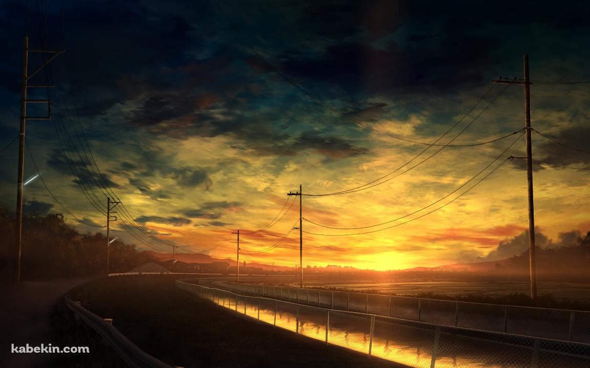 夕暮れ時、川沿いに並ぶ電柱 / 送電線の壁紙(1152px x 720px) 高画質 PC・デスクトップ用