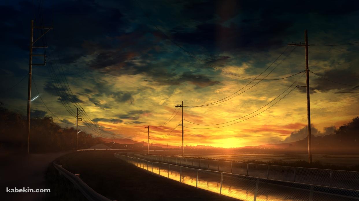 夕暮れ時、川沿いに並ぶ電柱 / 送電線の壁紙(1242px x 698px) 高画質 PC・デスクトップ用