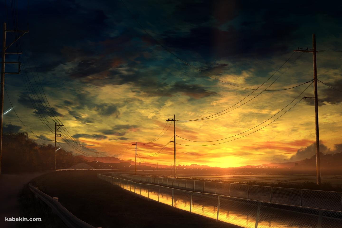 夕暮れ時、川沿いに並ぶ電柱 / 送電線の壁紙(1440px x 960px) 高画質 PC・デスクトップ用