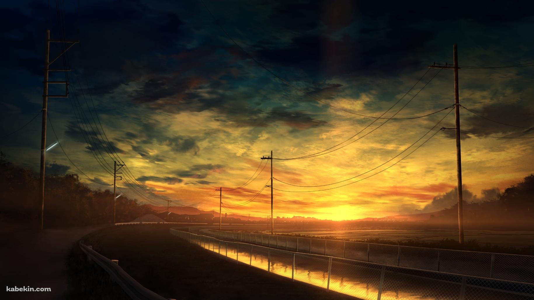 夕暮れ時、川沿いに並ぶ電柱 / 送電線の壁紙(1829px x 1029px) 高画質 PC・デスクトップ用