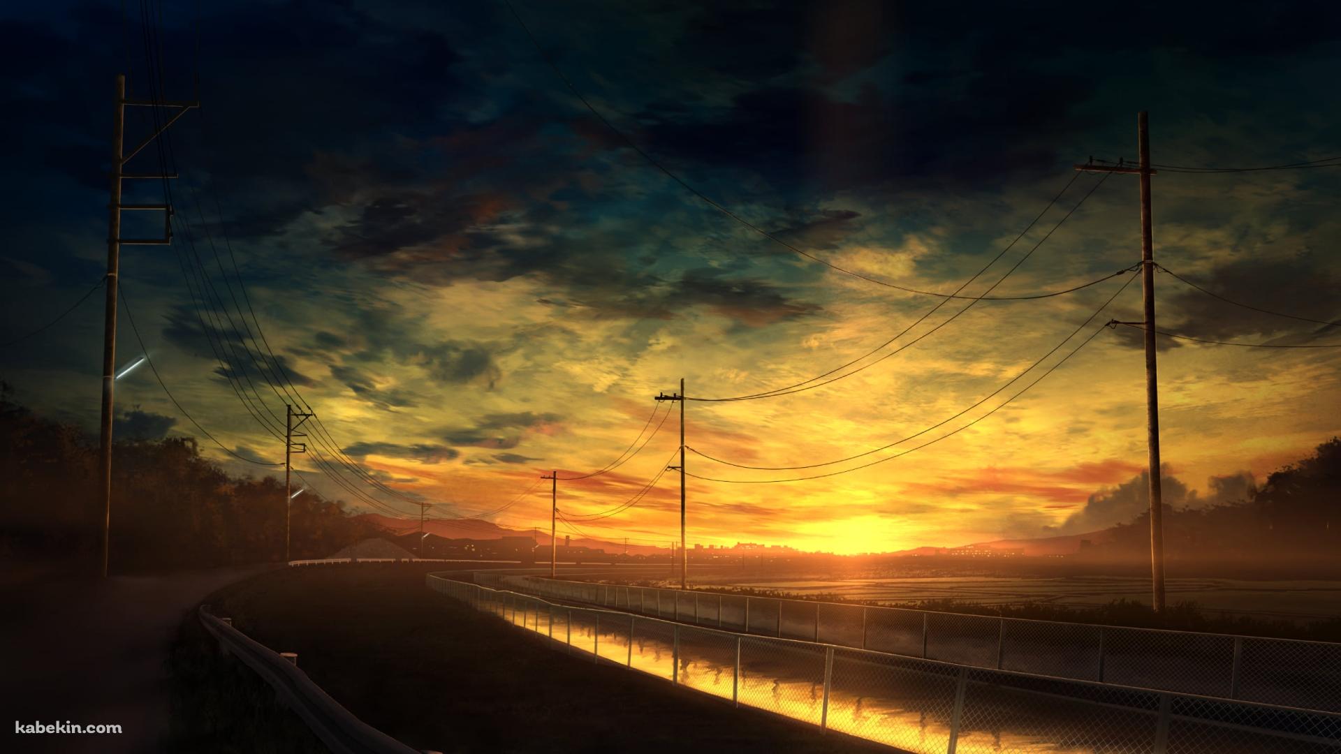 夕暮れ時、川沿いに並ぶ電柱 / 送電線の壁紙(1920px x 1080px) 高画質 PC・デスクトップ用