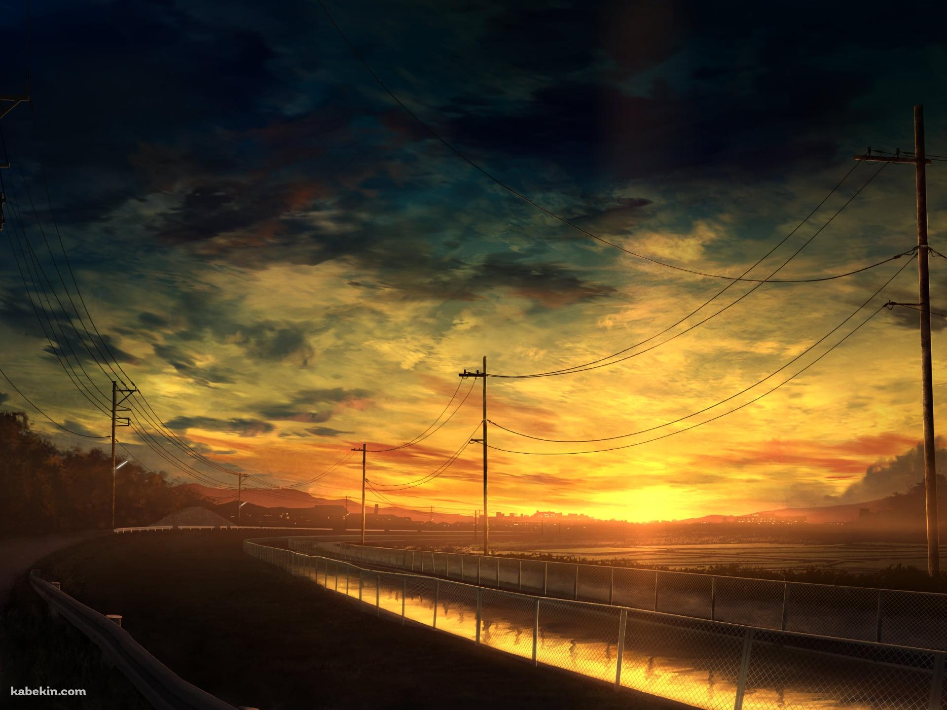 夕暮れ時、川沿いに並ぶ電柱 / 送電線の壁紙(1920px x 1440px) 高画質 PC・デスクトップ用