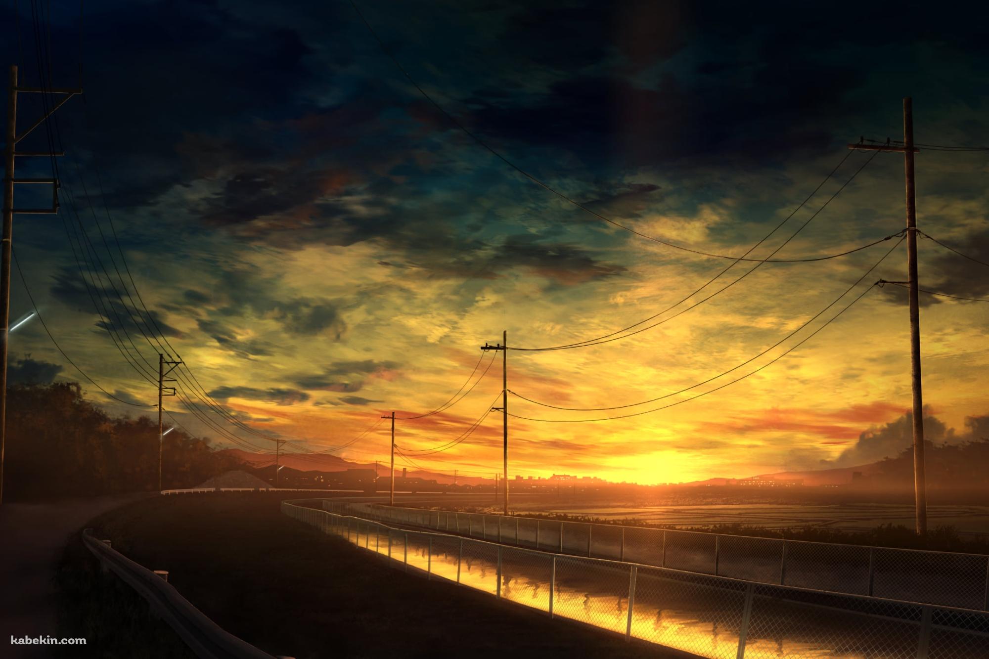 夕暮れ時、川沿いに並ぶ電柱 / 送電線の壁紙(2000px x 1333px) 高画質 PC・デスクトップ用