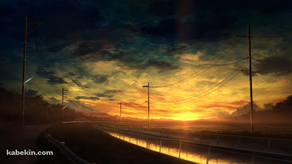 夕暮れ時、川沿いに並ぶ電柱 / 送電線の壁紙(960px x 540px) 高画質 PC・デスクトップ用