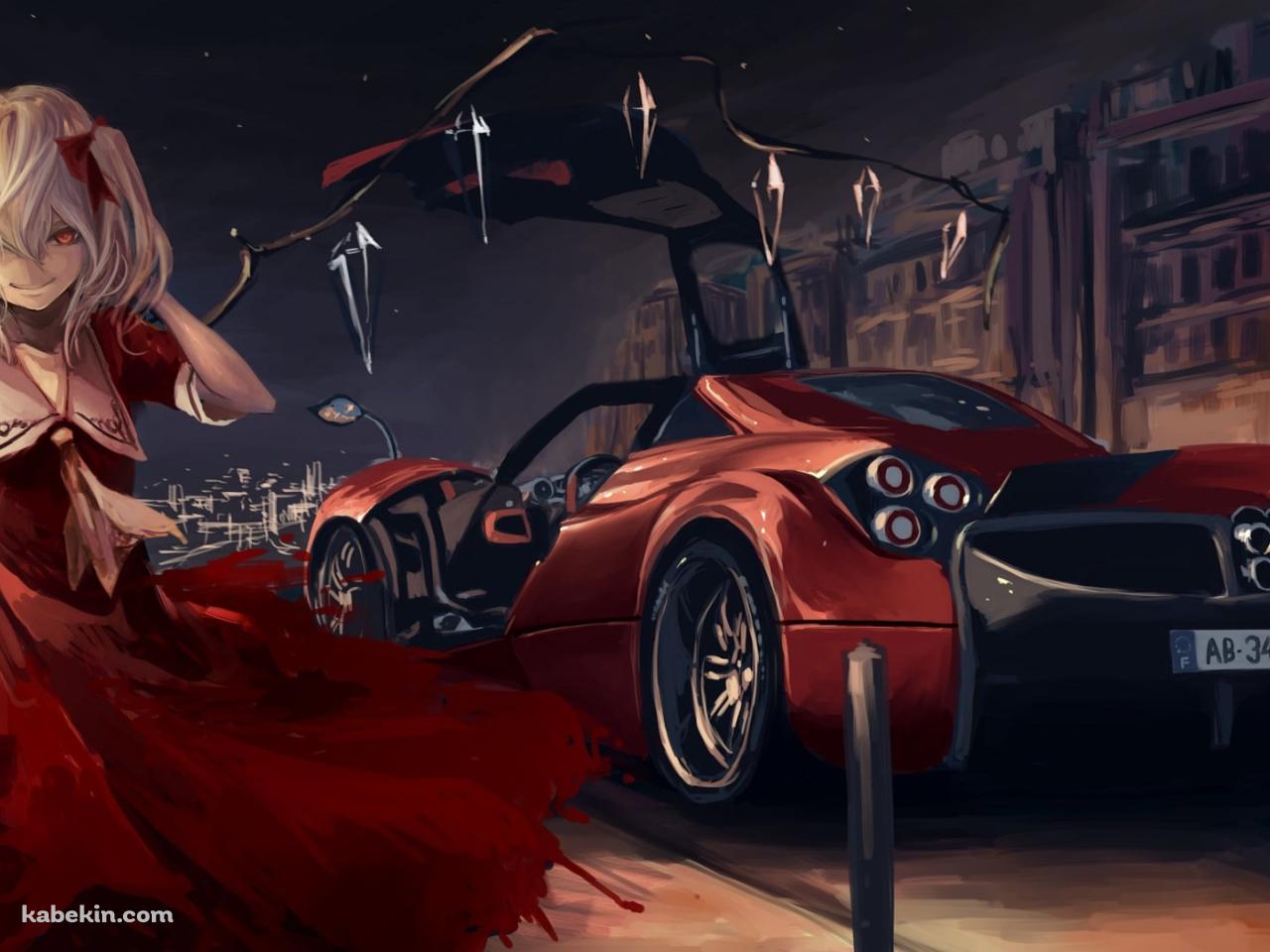 赤いドレスを着たフランドール・スカーレットと赤い車 / 東方の壁紙(1280px x 960px) 高画質 PC・デスクトップ用