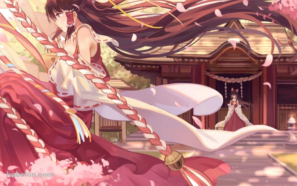 神社で祈る博麗霊夢 / 桜の花 / 東方の壁紙(960px x 600px) 高画質 PC・デスクトップ用