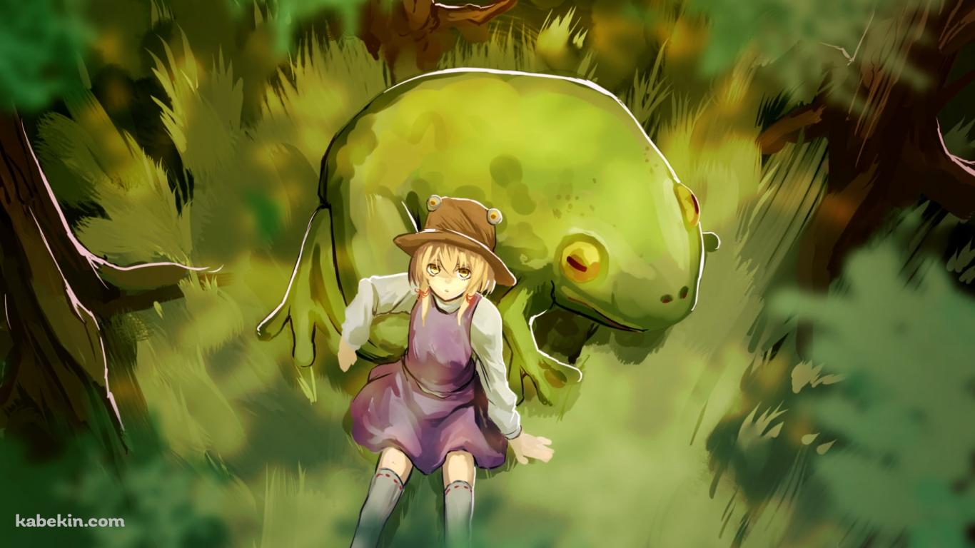 森の中で休む大きな緑の蛙と洩矢諏訪子(もりやすわこ)  / 東方の壁紙(1366px x 768px) 高画質 PC・デスクトップ用