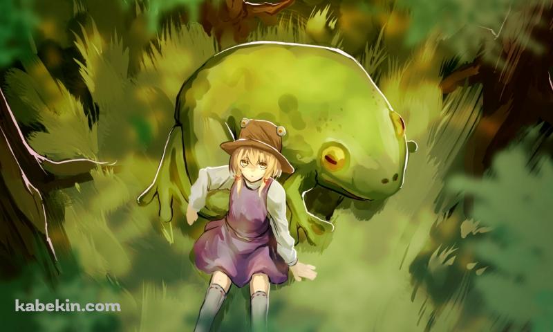 森の中で休む大きな緑の蛙と洩矢諏訪子(もりやすわこ)  / 東方の壁紙(800px x 480px) 高画質 PC・デスクトップ用