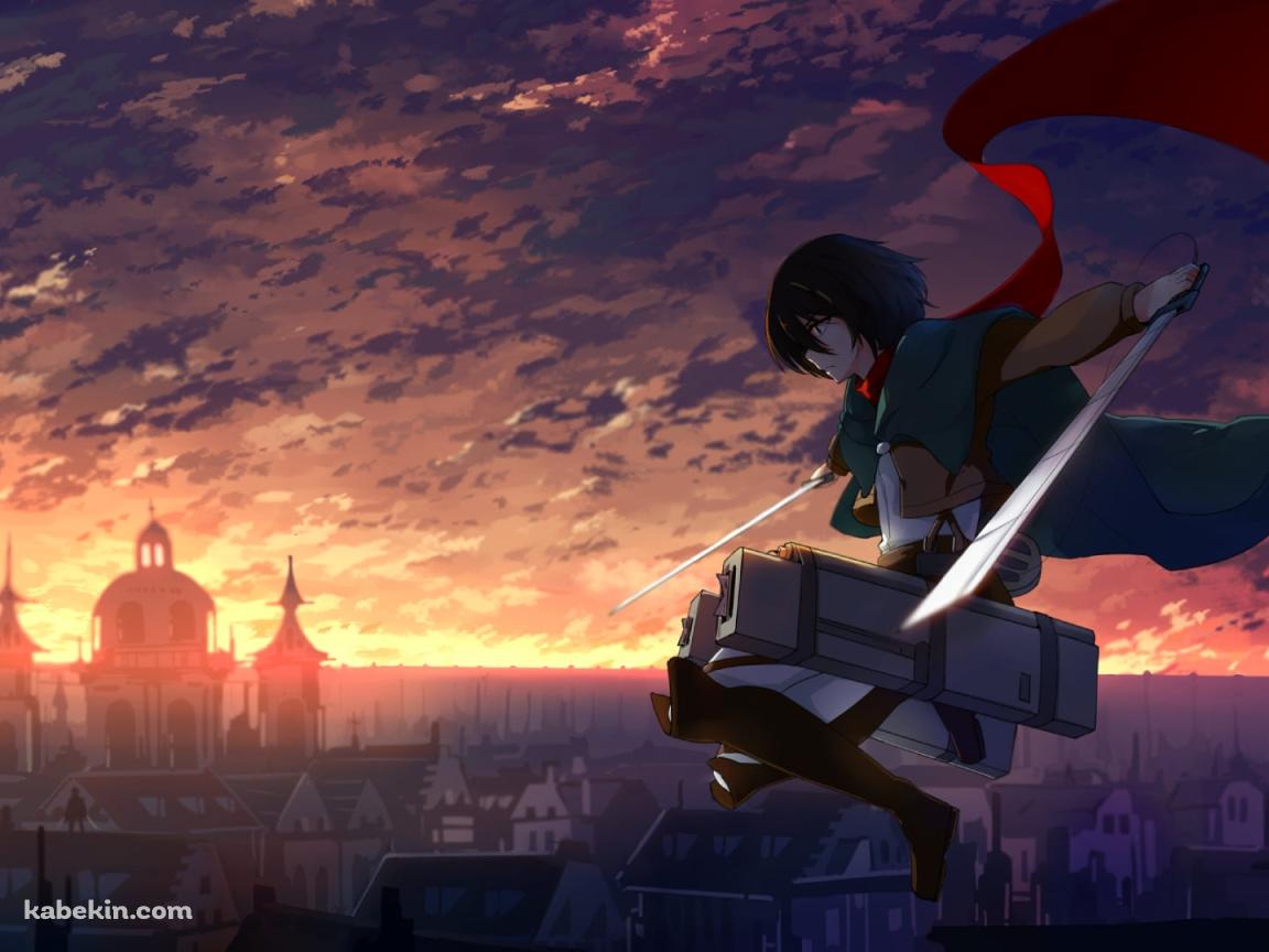 夕焼けの街で剣を持ちジャンプするミカサ・アッカーマン / Mikasa Ackermanの壁紙(1152px x 864px) 高画質 PC・デスクトップ用