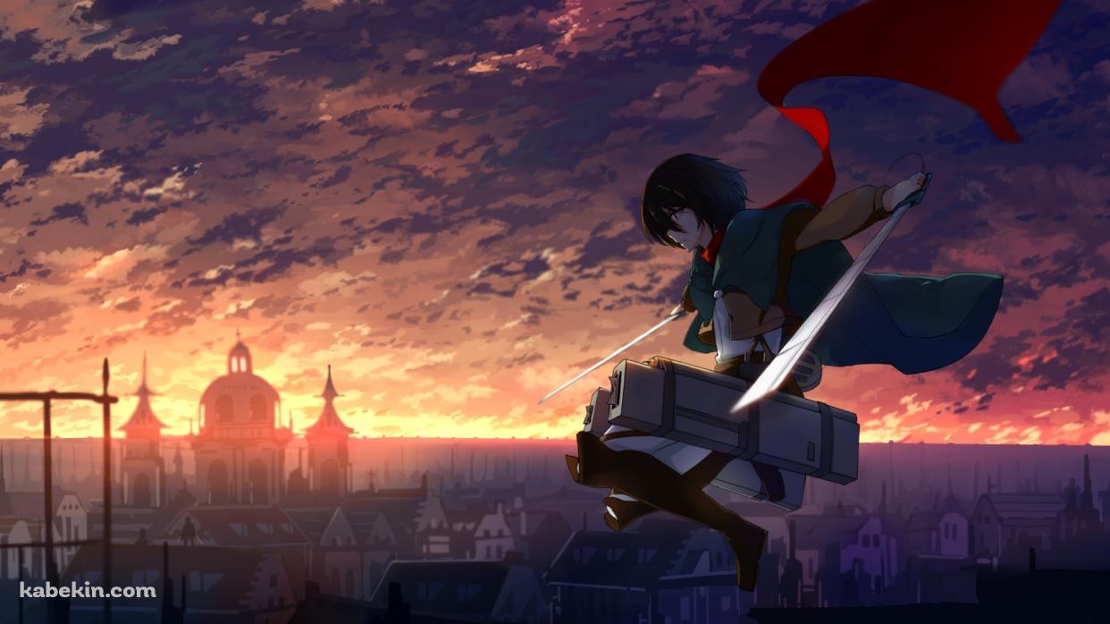 夕焼けの街で剣を持ちジャンプするミカサ・アッカーマン / Mikasa Ackermanの壁紙(1242px x 698px) 高画質 PC・デスクトップ用