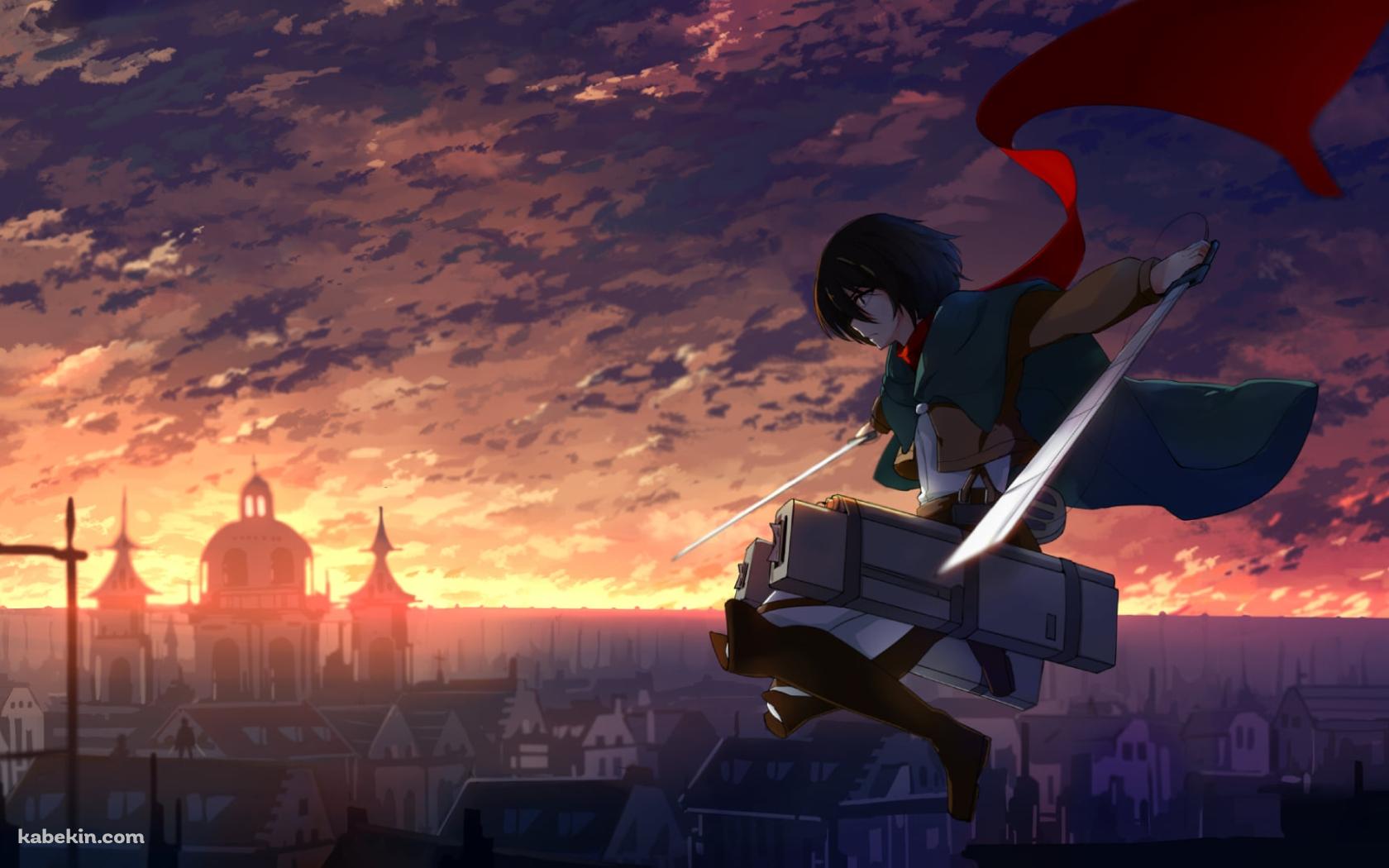 夕焼けの街で剣を持ちジャンプするミカサ・アッカーマン / Mikasa Ackermanの壁紙(1680px x 1050px) 高画質 PC・デスクトップ用