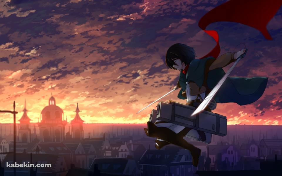 夕焼けの街で剣を持ちジャンプするミカサ・アッカーマン / Mikasa Ackermanの壁紙(960px x 600px) 高画質 PC・デスクトップ用