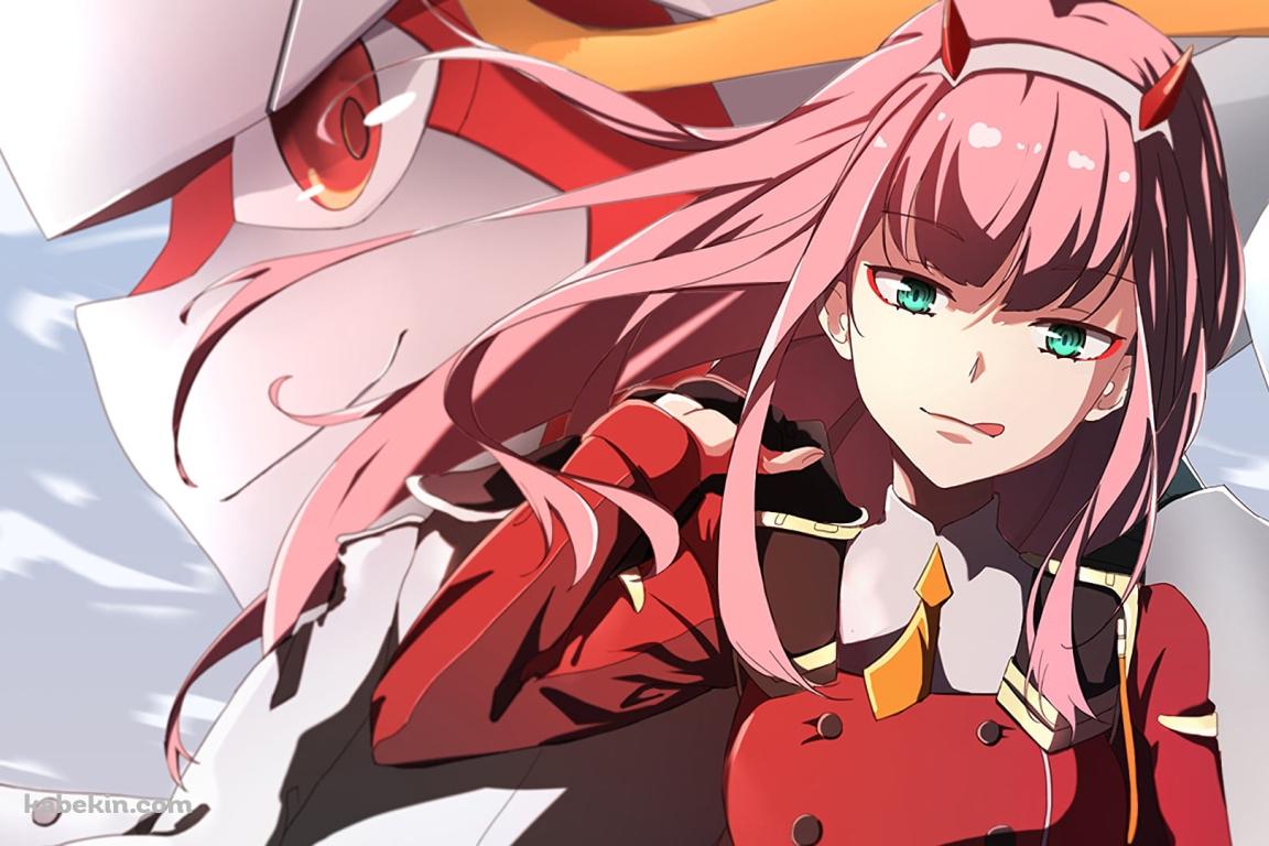 舌を出すゼロツーとフランクス・ストレリチア / ダーリン・イン・ザ・フランキス / DARLING in the FRANXXの壁紙(1152px x 768px) 高画質 PC・デスクトップ用