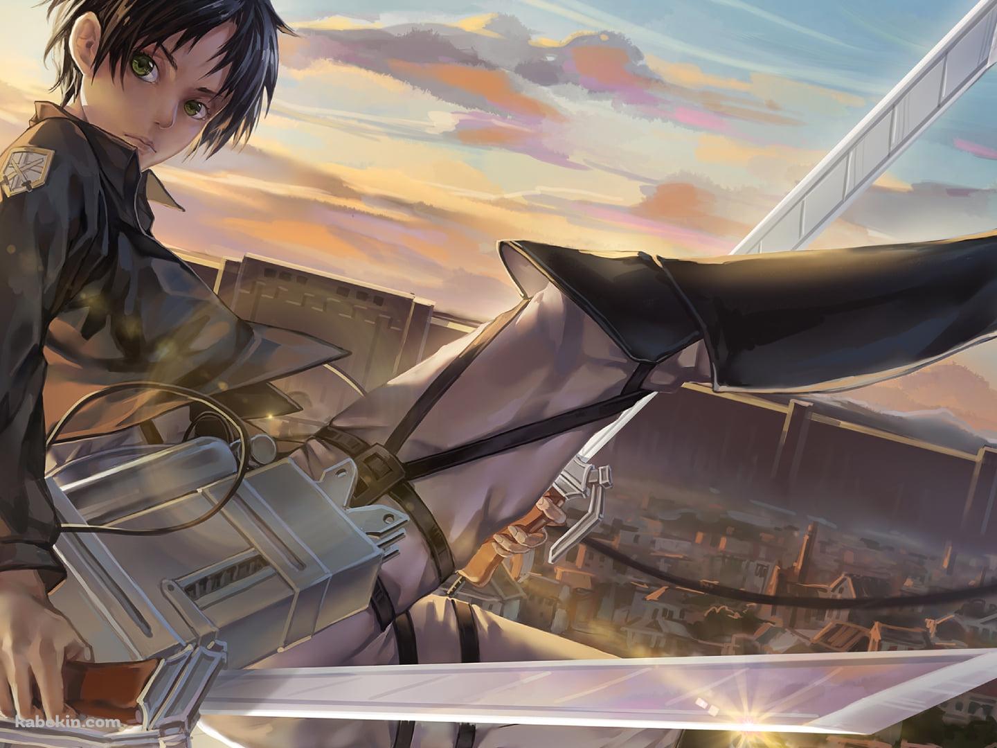 街の上を立体機動装置で移動するエレン・イェーガー / Omni-directional mobility gear / Eren Yeager / 進撃の巨人の壁紙(1440px x 1080px) 高画質 PC・デスクトップ用