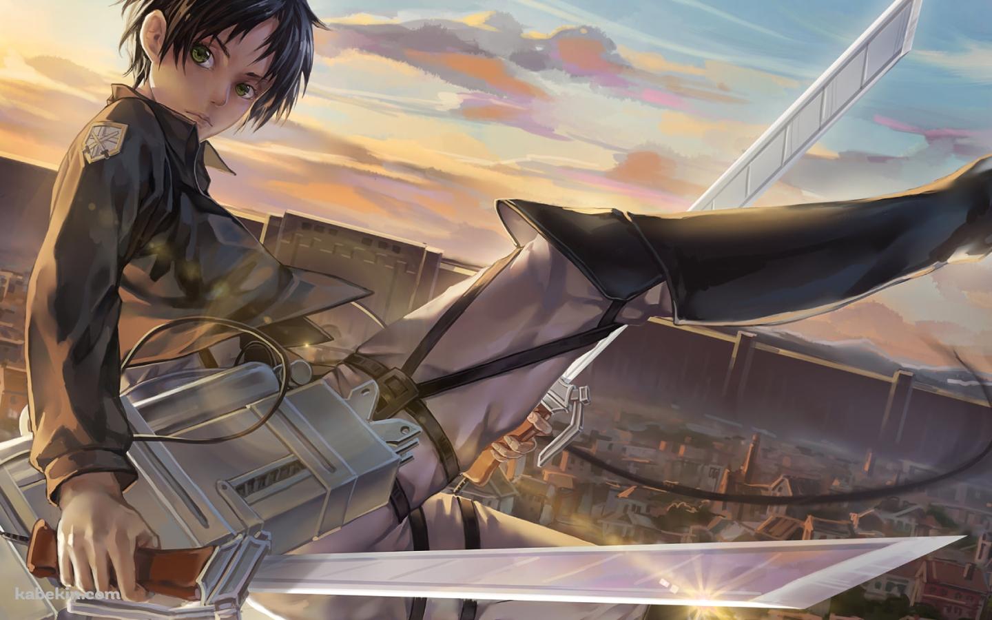 街の上を立体機動装置で移動するエレン・イェーガー / Omni-directional mobility gear / Eren Yeager / 進撃の巨人の壁紙(1440px x 900px) 高画質 PC・デスクトップ用