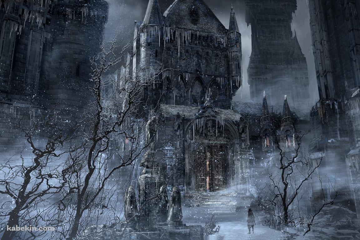 冬、屋敷の前に立つハンター / ブラボ / Bloodborneの壁紙(1152px x 768px) 高画質 PC・デスクトップ用