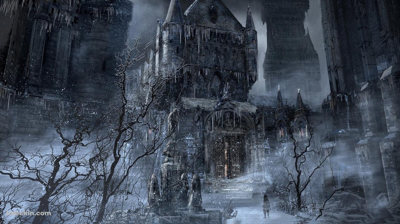 冬、屋敷の前に立つハンター / ブラボ / Bloodborneの壁紙(1366px x 768px) 高画質 PC・デスクトップ用