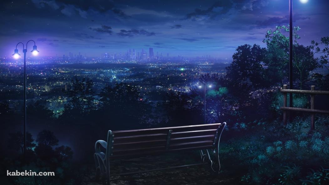 高台にあるベンチ / 街灯 / 夜の街の壁紙(1051px x 591px) 高画質 PC・デスクトップ用