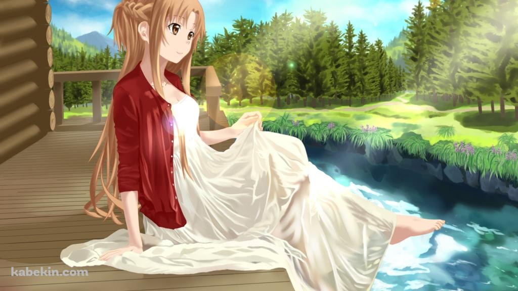 川沿いの縁側に座るアスナ / SAO / ソードアートオンラインの壁紙(1024px x 576px) 高画質 PC・デスクトップ用