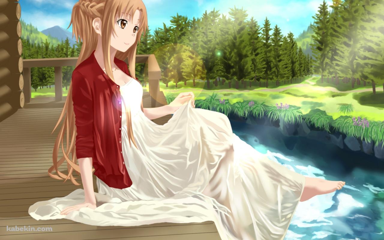 川沿いの縁側に座るアスナ / SAO / ソードアートオンラインの壁紙(1280px x 800px) 高画質 PC・デスクトップ用
