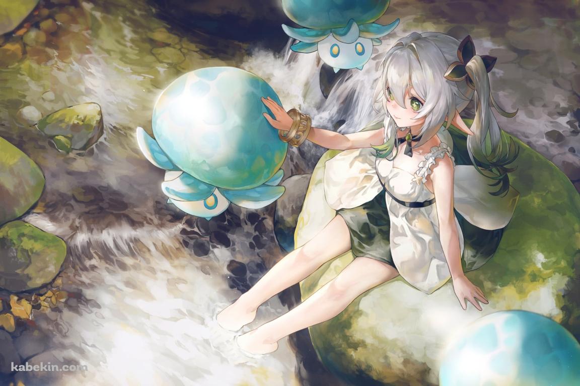 川に足を浸けながらキノコンの頭を撫でるナヒーダ / 原神の壁紙(1152px x 768px) 高画質 PC・デスクトップ用