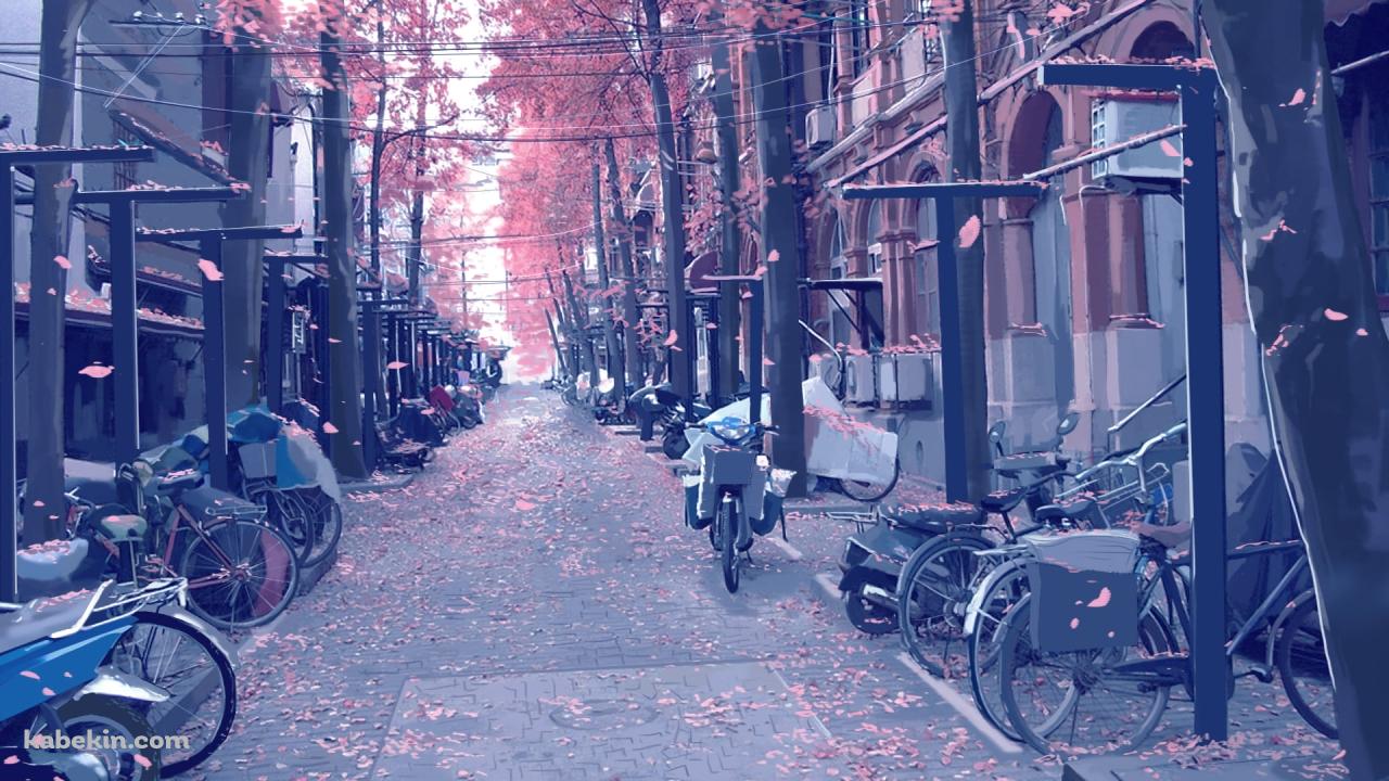 桜舞う街 / 路駐している自転車・バイクの壁紙(1280px x 720px) 高画質 PC・デスクトップ用