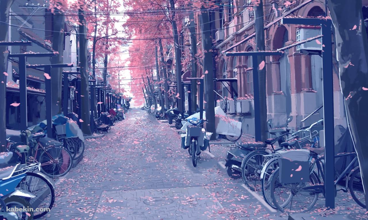 桜舞う街 / 路駐している自転車・バイクの壁紙(1280px x 768px) 高画質 PC・デスクトップ用