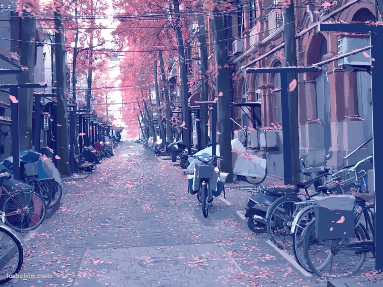 桜舞う街 / 路駐している自転車・バイクの壁紙(1280px x 960px) 高画質 PC・デスクトップ用