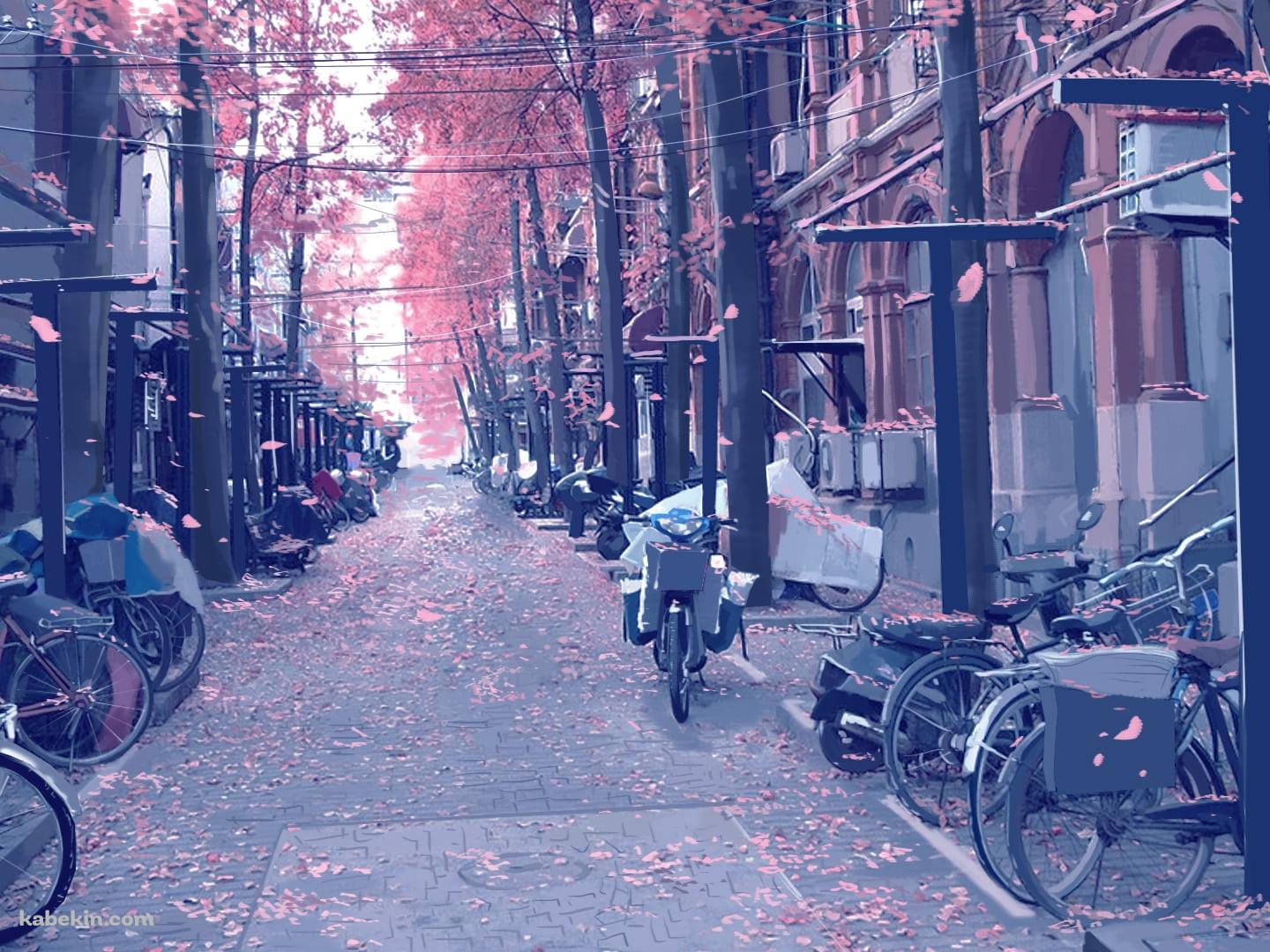 桜舞う街 / 路駐している自転車・バイクの壁紙(1440px x 1080px) 高画質 PC・デスクトップ用