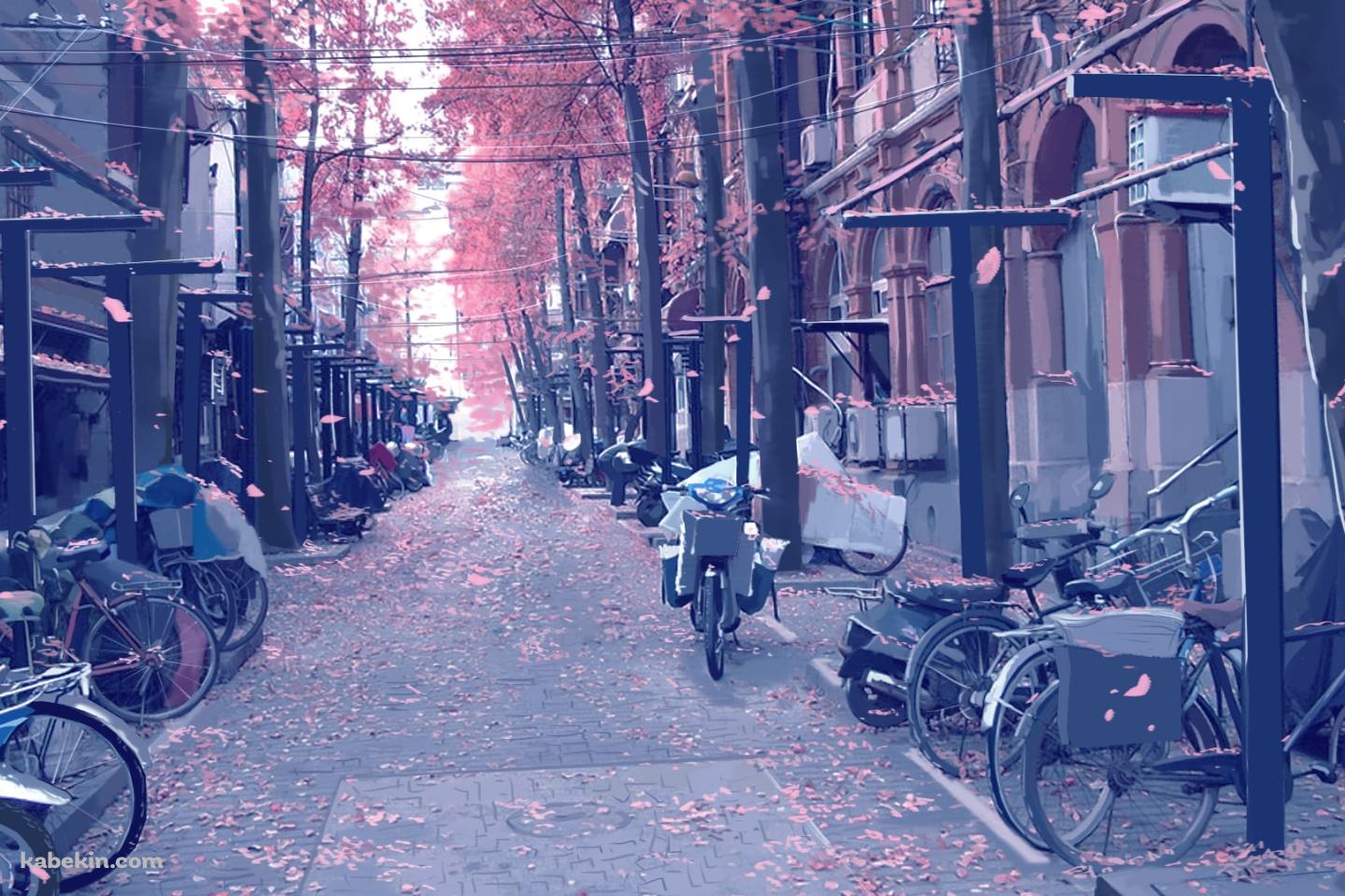 桜舞う街 / 路駐している自転車・バイクの壁紙(1440px x 960px) 高画質 PC・デスクトップ用