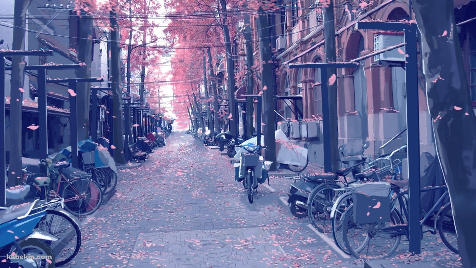 桜舞う街 / 路駐している自転車・バイクの壁紙(1600px x 900px) 高画質 PC・デスクトップ用