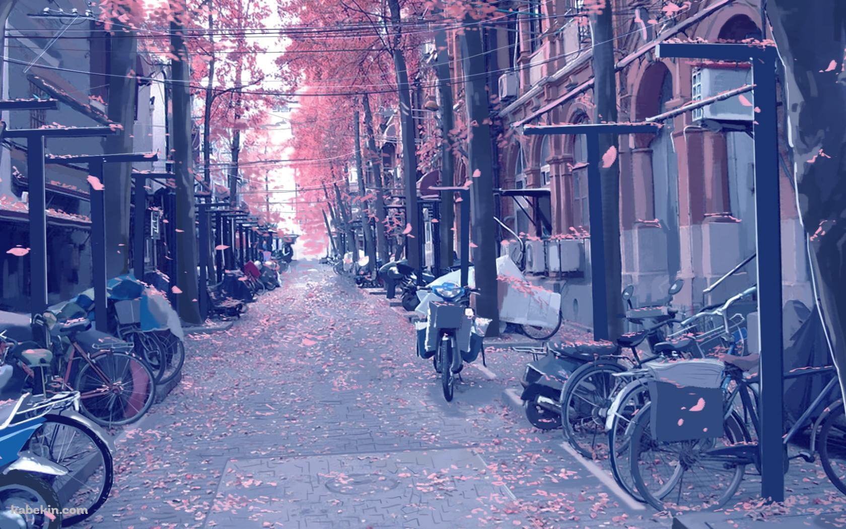 桜舞う街 / 路駐している自転車・バイクの壁紙(1680px x 1050px) 高画質 PC・デスクトップ用