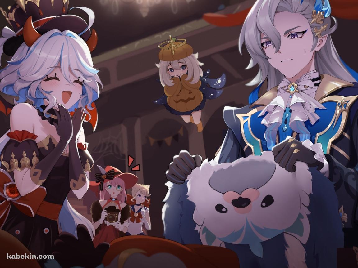 ハロウィンパーティーの準備をするヌヴィレット / リネット / フリーナ / パイモン / シャルロット / ノンビリラッコ / 原神の壁紙(1152px x 864px) 高画質 PC・デスクトップ用