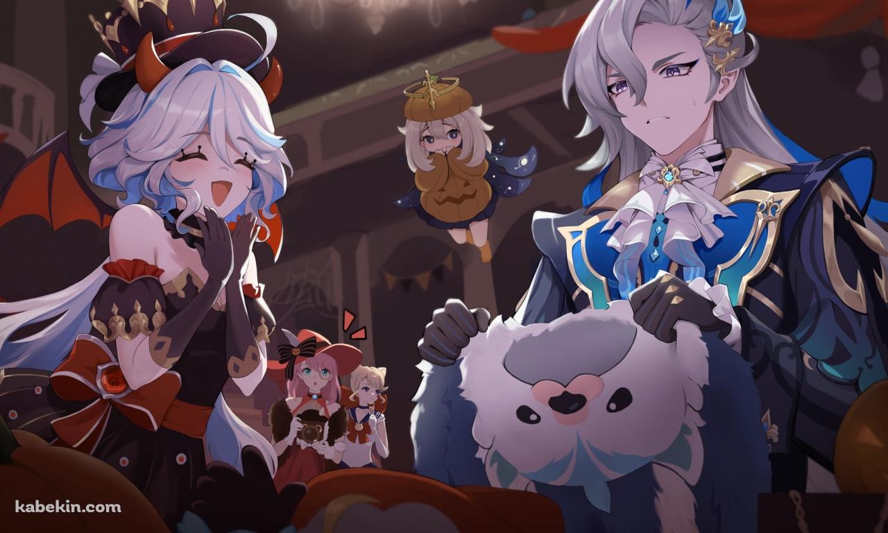 ハロウィンパーティーの準備をするヌヴィレット / リネット / フリーナ / パイモン / シャルロット / ノンビリラッコ / 原神の壁紙(1280px x 768px) 高画質 PC・デスクトップ用