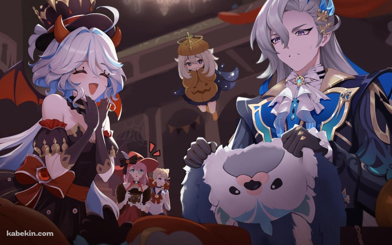ハロウィンパーティーの準備をするヌヴィレット / リネット / フリーナ / パイモン / シャルロット / ノンビリラッコ / 原神の壁紙(1280px x 800px) 高画質 PC・デスクトップ用